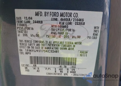 2005 Ford Escape Xlt из США, поврежденный, VIN 1FMYU93175KC52481